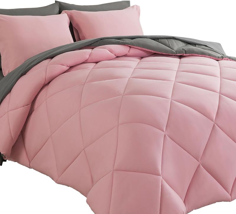 Photo 1 of  Bed in a Bag Queen Comforter Sets 7pcs All Season Solid Down Alternative Bedding Sets Pink and Grey with Comforter, Pillow Shams, Flat Sheet, Fitted Sheet and Pillowcases