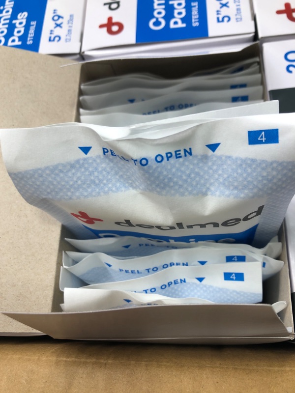 Photo 1 of Dealmed Sterile Abdominal (ABD) Combine Pads, 5" x 9" Individually Wrapped Abdominal Pads, Disposable and Latex-Free ABD Pads, Wound Dressing for First Aid Kit and Medical Facilities (Case of 400) 5” x 9” (Case of 400)