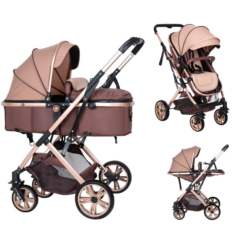 Photo 1 of 2 in 1 Convertible Baby Stroller Newborn Reversible Bassinet Pram, Foldable Pushchair with Adjustable Canopy Folding High Landscape Infant Carriage, Anti-Shock Toddler Pushchair
