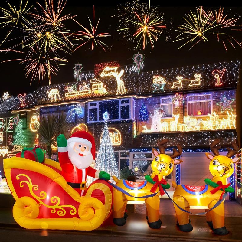 Photo 1 of 8 Feet Long Christmas Inflatables with LED Light, Kalolary Christmas Inflatable Santa Claus on Sleigh Blow up Christmas Outdoor Indoor Decoration for Home Family Yard Decor Lawn Garden Party Supplies Christmas Elk with Sleigh