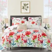 Photo 1 of 3 Piece Queen Reversible Floral Quilt Set White Red Green Colorful Soft Microfiber Lightweight Summer Coverlet Red Flowers Adult Bedspread for All Season -1 Quilt +2 Pillow Shams