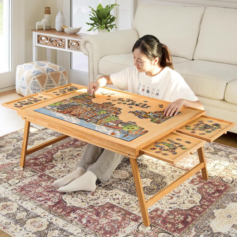 Photo 1 of 1500PCS Folding Portable Puzzle Table with 4 Drawers, 34"x26" Jigsaw Wooden Puzzle Board with Legs & Protective Cover, Happy Puzzle Games with Wooden Puzzle Table for Adults & Kids