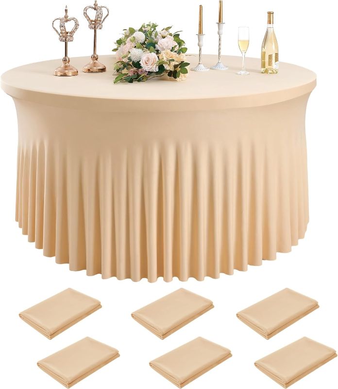 Photo 1 of 6 Pack Spandex Champagne Tablecloths for 6 Foot Rectangle Tables, Wrinkle Free Fitted Table Cloth 6ft Stretchy Tablecover Skirt for Parties Weddings Birthday Banquet Baby Shower