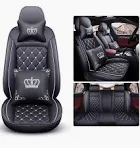 Photo 1 of Full Set Car Seat Covers, Crown PU Leather Car Seat Cover Full Surround, Durable Comfortable Automotive Vehicle Cushion Cover Fit for Most 5 Seats Cars/SUV/Truck/Vans (Black+White) Full Set (Luxury) Black+White