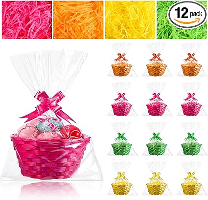 Photo 1 of 12 Pieces Easter Basket Food Storage Basket Woven Empty Basket Fruit Basket Gift Baskets with 16 Colorful Pull Bows 16 Clear Gift Bags and 4 Multicolored Raffia Paper Shreds for Wrapping Presents