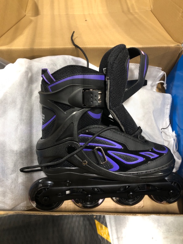 Photo 3 of 2PM SPORTS Vinal Girls Adjustable Flashing Inline Skates, All Wheels Light Up, Fun Illuminating Skates for Kids and Men- Azure Small (1Y-4Y US) Violet & Magenta Medium - Big Kid (1-4 US)