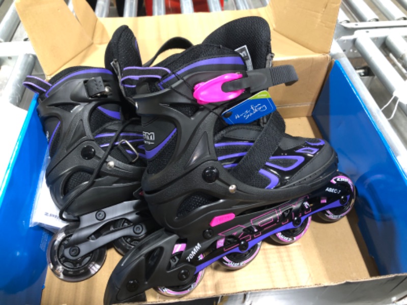 Photo 4 of 2PM SPORTS Vinal Girls Adjustable Flashing Inline Skates, All Wheels Light Up, Fun Illuminating Skates for Kids and Men- Azure Small (1Y-4Y US) Violet & Magenta Medium - Big Kid (1-4 US)