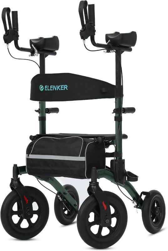 Photo 1 of ELENKER All-Terrain Upright Rollator Walker, Stand up Rolling Walker with Seat, 12” Non-Pneumatic Tire Wheels, Compact Folding Design for Seniors, Green
