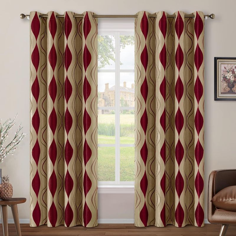 Photo 1 of **ONLY 1 PANEL** 
HOMEIDEAS Wave Room Darkening Curtains 52 X 84 Inch Long Burgundy and Beige Set of 2 Panels Bedroom Curtains/Drapes,Jacquard Grommet Window Curtains for Living Room