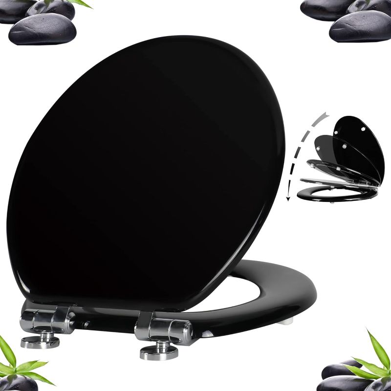 Photo 1 of Angel Shield Toilet Seat with Zinc Alloy Hinges Quiet-Close Quick-Release Wood Molded UV Lid Easy Clean(Round,Black)
