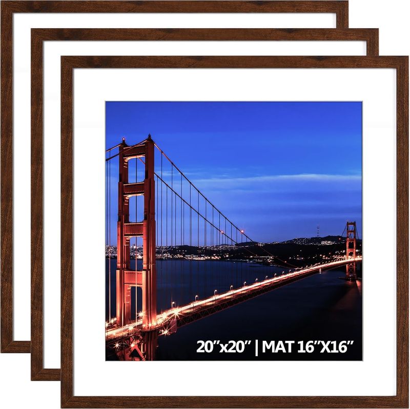 Photo 1 of 20x20 Picture Frame Brown Set of 3, Wood Grain Square Frames Display 16x16 with Mat or 20 x 20 without Mat, Gallery Wall Frame for Wall Mounting (3 Pack, Brown)

