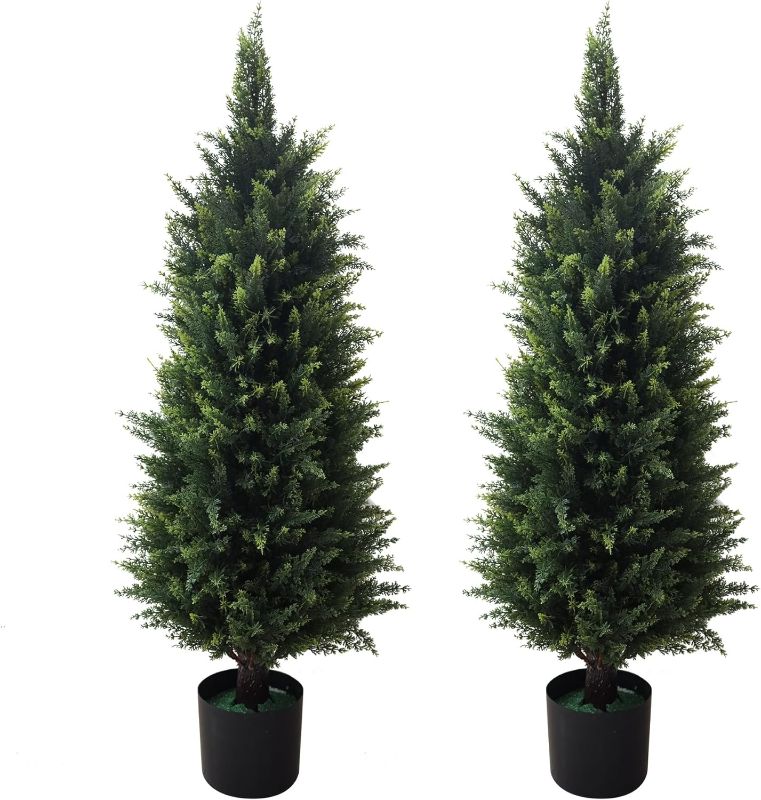 Photo 1 of 2 Pack 37 Inch Artificial Cedar Topiary Trees for Outdoor Front Porch Décor - UV Rated Fake Plants for Indoor and Outdoor Use, Potted Shrubs for Front Door, Office
