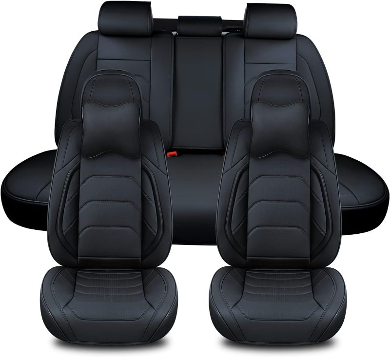 Photo 1 of TIEHESYT Black Car Seat Covers Full Set, Breathable Leather Automotive Front and Rear Seat Covers & Headrest for Comfortable Driving, Universal Auto Interior Fit for Most Kinds of Vehicles, Cars Elegant Black Front Pair and Rear