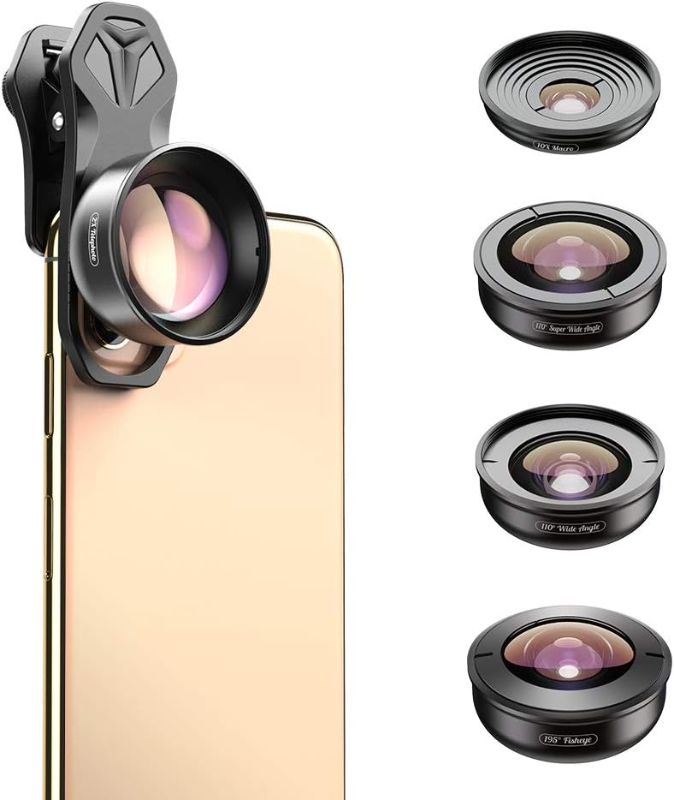 Photo 1 of Apexel HD Mobile Phone Camera Phone Lens Set - 10x Macro Lens, 2X Telephoto Lens, 110Wide Angle, 170Super Wide Angle, 195F