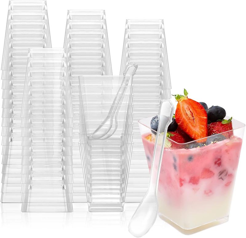 Photo 1 of 100 Pack 5 oz Plastic Dessert Cups, Appetizer Cups for Party Parfait Cups Mini Dessert Cups with Spoons, Yogurt Parfait Containers Shooter Cups for Pudding Fruit and Ice Cream