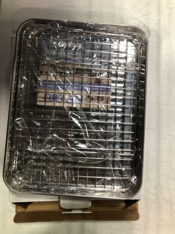 Photo 2 of 10.4 Inch Toaster Oven Pan with Rack Set, P&P CHEF Stainless Steel Small Baking Pan Tray and Grid Cooling Rack for Cooking/Roasting, A Pan and A Rack, Dishwasher Safe & Easy to Clean & Non-toxic 10.4 x 8 x 1 Inch