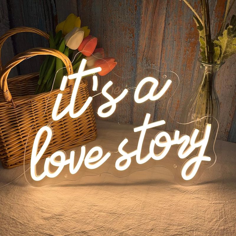 Photo 1 of Love Story Neon Sign, white USB Led Light Up Signs for Bedroom Aesthetic Birthday Wedding Party Gift Boyfriend Girlfriend Lover Women Men Room