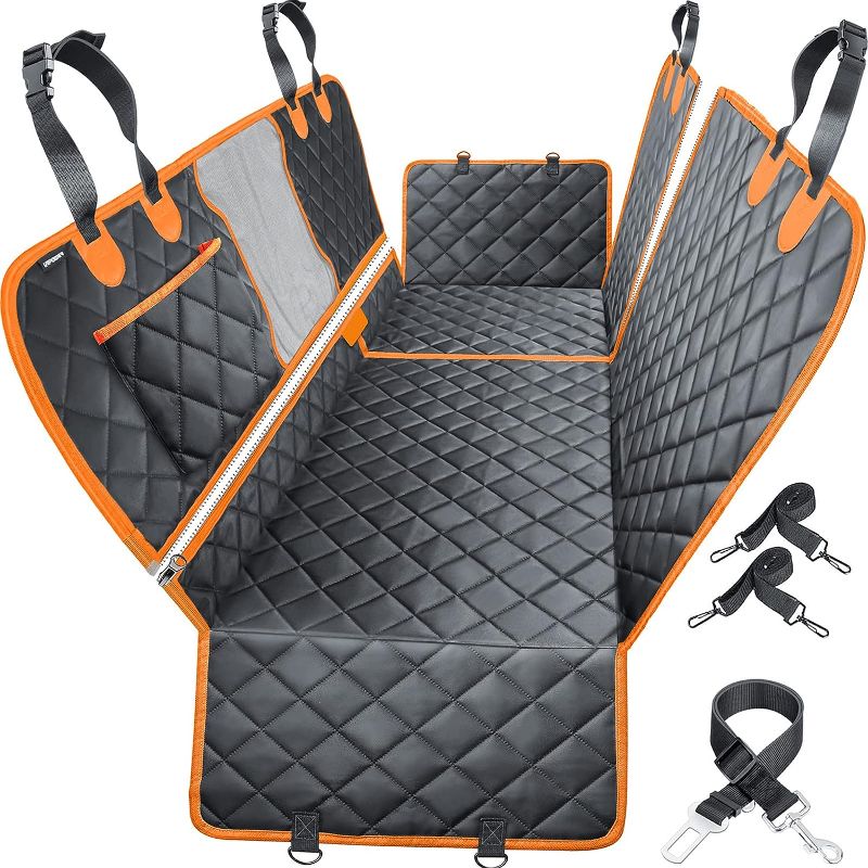 Photo 1 of Mancro Dog Car Seat Cover for Back Seat, Waterproof Car Seat Protector for Dogs with Side Flaps, Scratchproof Dog Backseat Cover, Durable Nonslip Dog Hammock for Sedans, Trucks, SUVs, X-Large Orange with Black X-Large (60" W x 64" L)