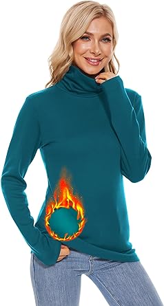 Photo 1 of Fleece Lined Cotton Turtleneck Shirt Women Long Sleeve High Neck Thermal Shirts 1/2Packs