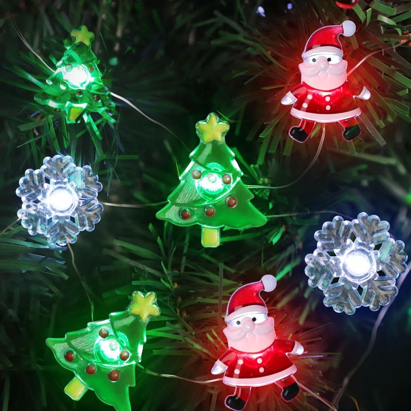 Photo 1 of [Timer] Christmas Lights Decorations, 10 FT 30 LED Battery Operated Christmas Tree Santa Snowflake String Lights, 8 Lighting Modes Waterproof Xmas Fairy Lights for Home Party Indoor Outdoor Decor