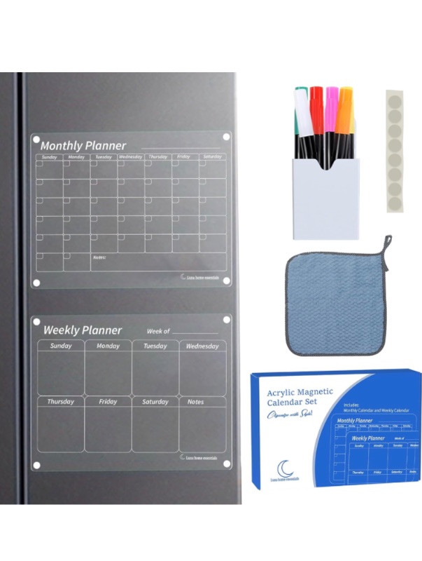 Photo 1 of Acrylic Magnetic Calendar for Refrigerator Set of 2 - Monthly and Weekly Magnetic Fridge Calendar 15.7 x 11.6 Inches Acrylic Calendar for Fridge Includes 6 Colorful Dry Erase Markers Pen Holder, Cloth