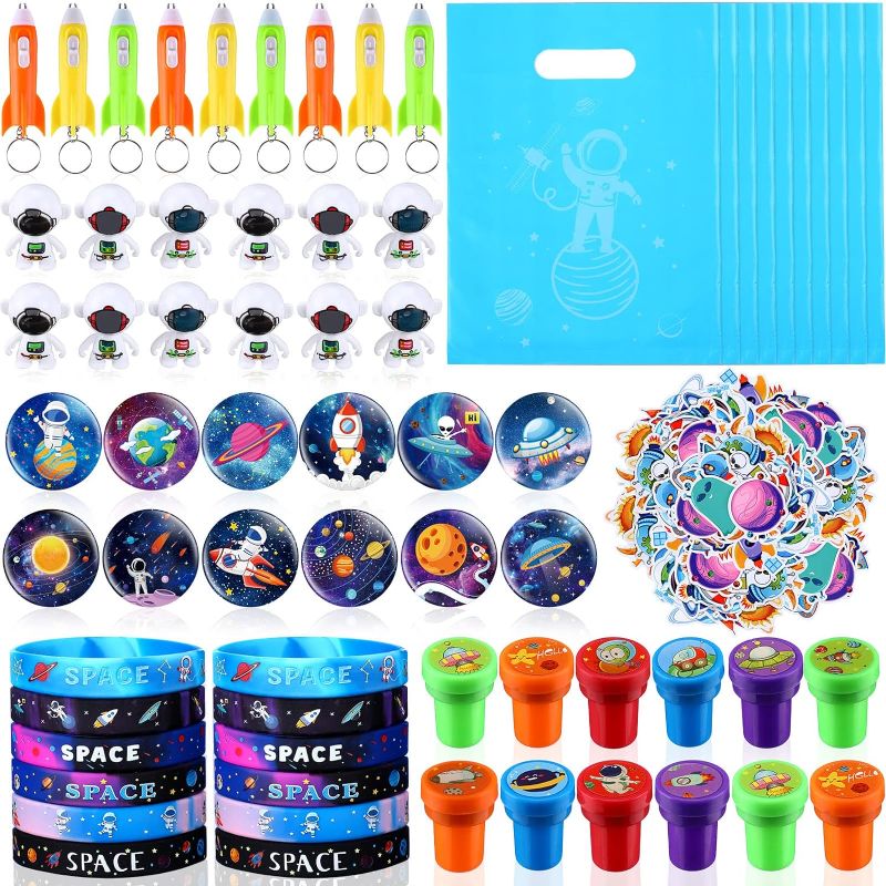 Photo 1 of Faccito 122 Pcs Outer Space Party Favors Supplies Space Rocket Light Keychain Stamp Badge Bracelet Sticker Bags Mini Tumbler Toy Astronaut for Space Themed Birthday Party Gift Goodies Bag Accessories