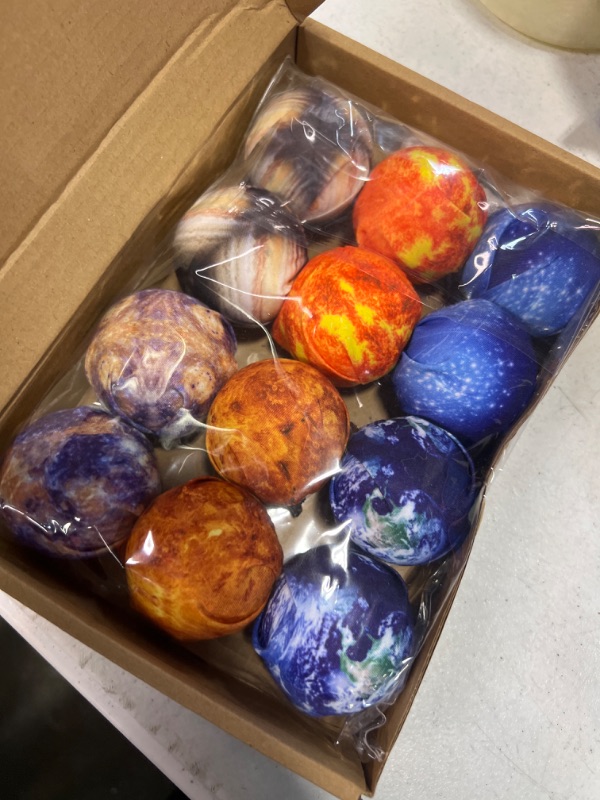 Photo 3 of 12 Pcs Solar System Party Supplies Planet Hanging Ornaments Outer Space Party Decorations Galaxy Planet Ball Ornaments with 12 Ribbon for Room Birthday Party