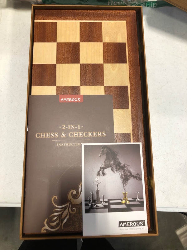 Photo 2 of AMEROUS 15 inches magnetic wooden chess checkers set (2 in 1) - folding board -gift box packed -24 cherkers pieces -2 extra