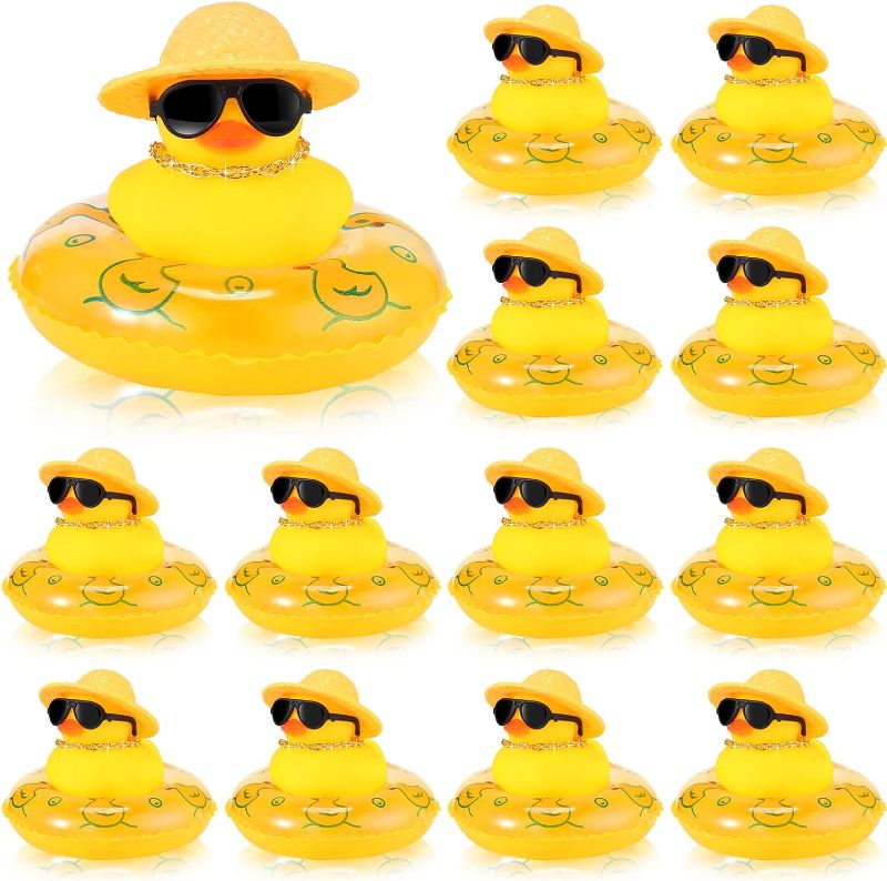 Photo 1 of 24 Sets Rubber Ducks for Dashboard of Car Yellow Duck Car Dashboard Decorations Mini Duck Bathtub Car Ornaments Toys with Swim Mini Hat Ring Necklace and Sunglasses for Baby Shower( Vivid)