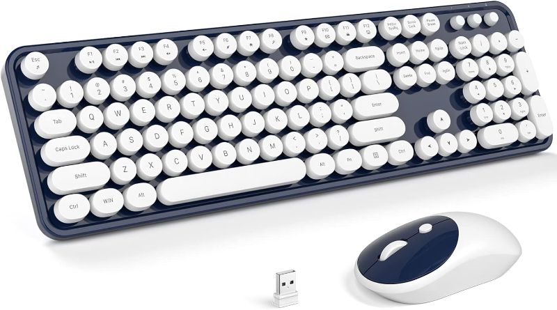 Photo 1 of Wireless Keyboard and Mouse Combo - DarkBlue-White Full-Sized 2.4 GHz 104 Keys Typewriter Keyboard, Flexible Round Keycap and Optical Mouse for Windows, Computer, PC, Laptop, Desktop, Mac