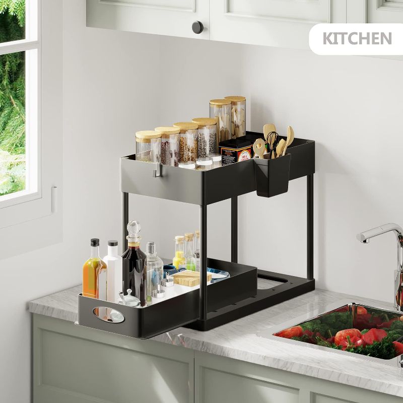 Photo 1 of Black Under Sink Organizers with Hanging Hooks 
***Stock photo shows a similar item, not exact***