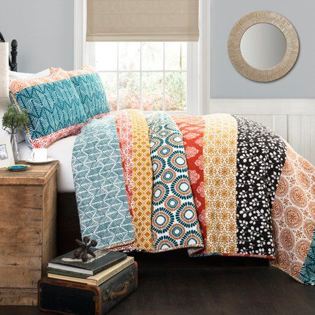 Photo 1 of 3pc King Bohemian Stripe Reversible Oversized Cotton Quilt Bedding Set Turquoise/Orange - Lush Décor
