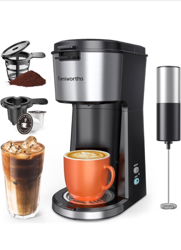 Photo 1 of Famiworths Iced Coffee Maker with Milk Frother, Hot and Cold Single Serve Coffee Maker for K Cup & Ground Coffee, 6 to 14 Oz Brew Sizes, Coffee Machine with Descaling Reminder and Self Cleaning