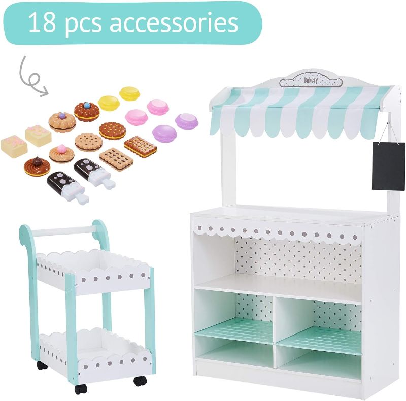 Photo 1 of ***SEALED BOX***Teamson Kids My Dream Bakery Shop Dessert Stand and Rolling Pastry Cart Interactive Wooden Play Set with 18 Pretend Baked Goods, White and Mint Green with Gray Polka Dot Accents