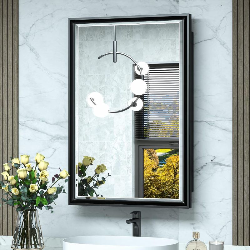 Photo 1 of ***SEALED BOX***TokeShimi 16x24 Recessed Medicine Cabinet Bathroom Vanity Mirror Black Metal Framed Surface Wall Mounted with Aluminum Alloy Beveled Edges Design 1 Door for Modern Farmhouse