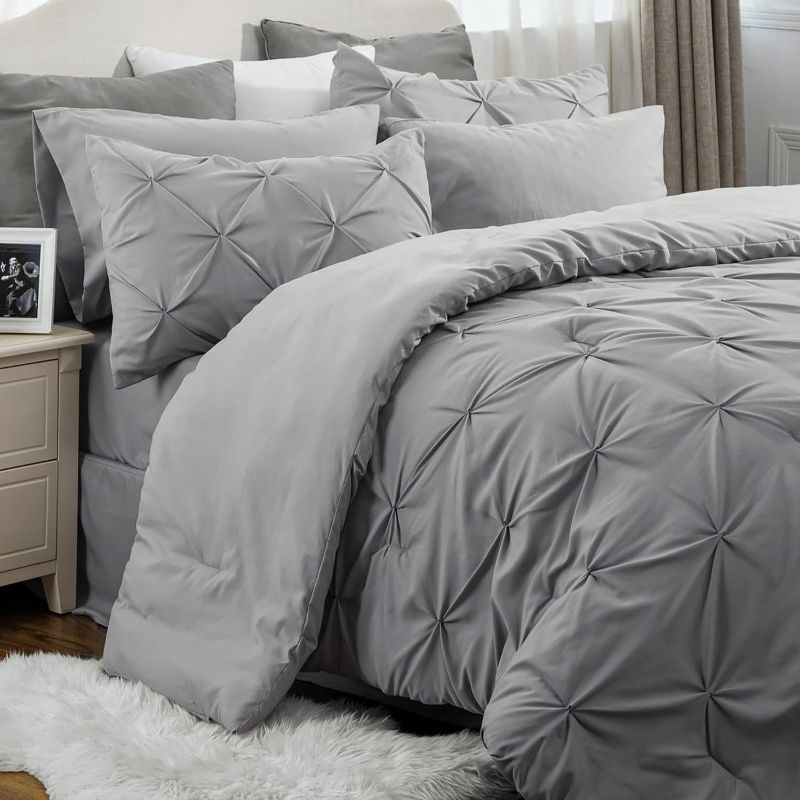 Photo 1 of ****COMFORTER AND FITTED SHEET ONLY****Bedsure King Size Comforter Set - Bedding Set King  Pintuck Bed in a Bag Grey Bed Set with Comforter and sheet
