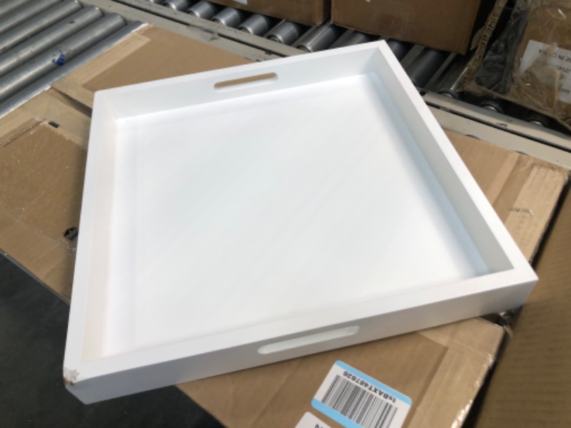 Photo 2 of ***chipped corner***White Wooden Serving Tray with Handles , 12"x12"x2"H Square Countertop Organizer Tray? Decorative Cosmetics Tray for Kitchen, Bathroom , Sturdy Food Tray for Breakfast, Tea Manufactured Wood - White