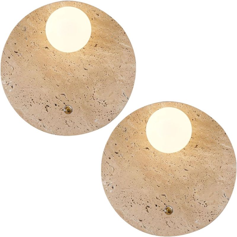 Photo 1 of ***DOES NOT INCLUDE LIGHTBULB*** Stone Wall lamp Set of 2 with Glass Lampshade Indoor Round Travertine Wall Sconce G9 Base Wall Lights Fixtures with Switch for Bedroom Living Room Bathroom Vanity 