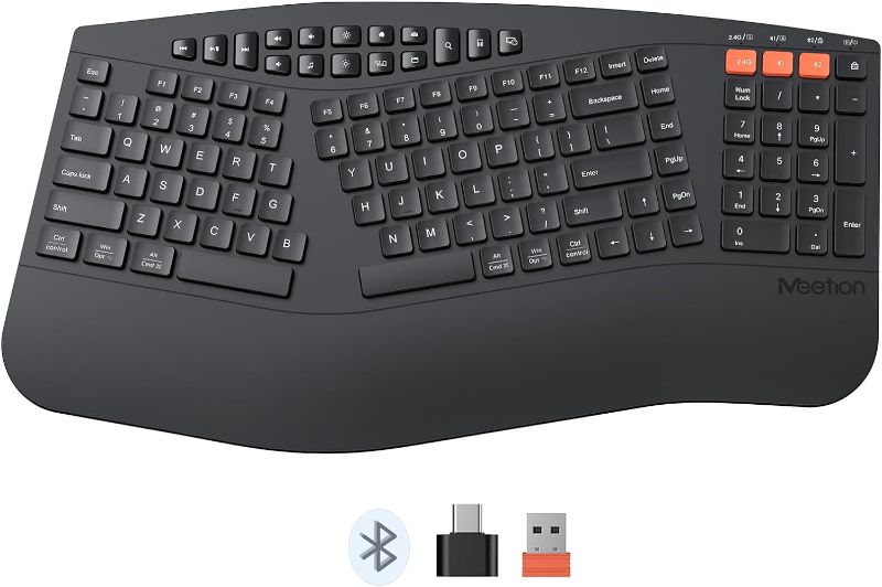 Photo 1 of MEETION Ergonomic Keyboard, Multi-Device Wireless Bluetooth Keyboard with Wrist Rest, Full-Sized Cordless Split Keyboard, Type- C Rechargeable Keyboard, Ergo Keyboard for PC/Computer/Laptop, Black