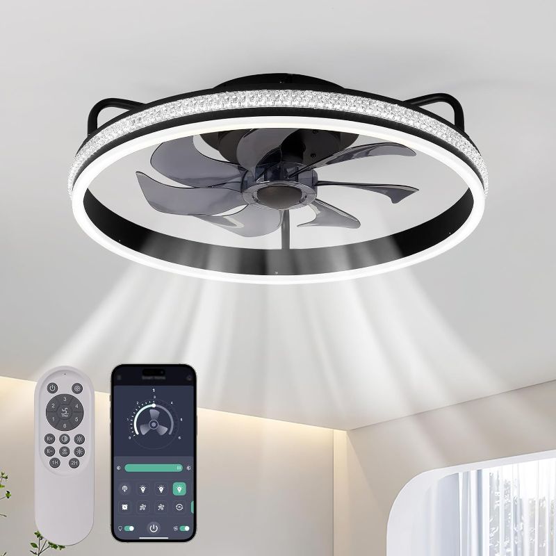 Photo 1 of 19.6" Low Profile Ceiling Fan with Light, Flush Mount Ceiling Fan with Light, 6 Speeds and Reversible wind for All Season, LED Dimmable, 3 Color Temperature Optional, DC Motor,With Remote & APP