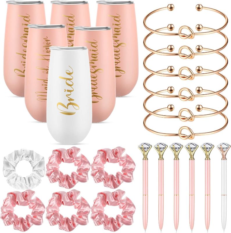 Photo 1 of 24 Pieces Bridesmaids Proposal Gift Set Bridesmaids Maid of Honor Stemless Flutes Bridesmaid Tumblers Set with Hair Scrunchies Bracelet Knot Diamond Pen for Bridal Shower (Pink)