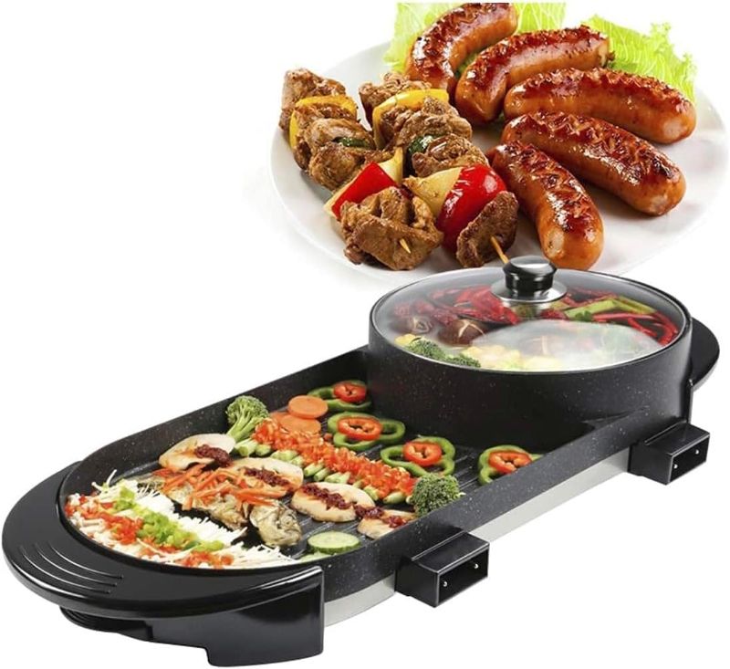 Photo 1 of 2 in 1 Electric Grill with Hot Pot, 1000W Multifunctional Electric Barbecue and Hot Pot, Separate Temperature BBQ Hot Pot