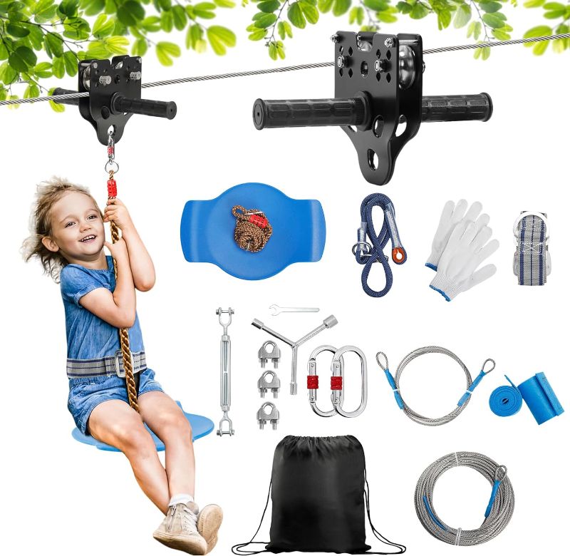Photo 1 of 120FT Zip Lines for Kids and Adults Outdoor up to 350 Lbs, Zip line Kits for Backyard W/Safety Harness Zip Line Kit, Stainless Steel Zip line Kits for Backyard,Playground Entertainment