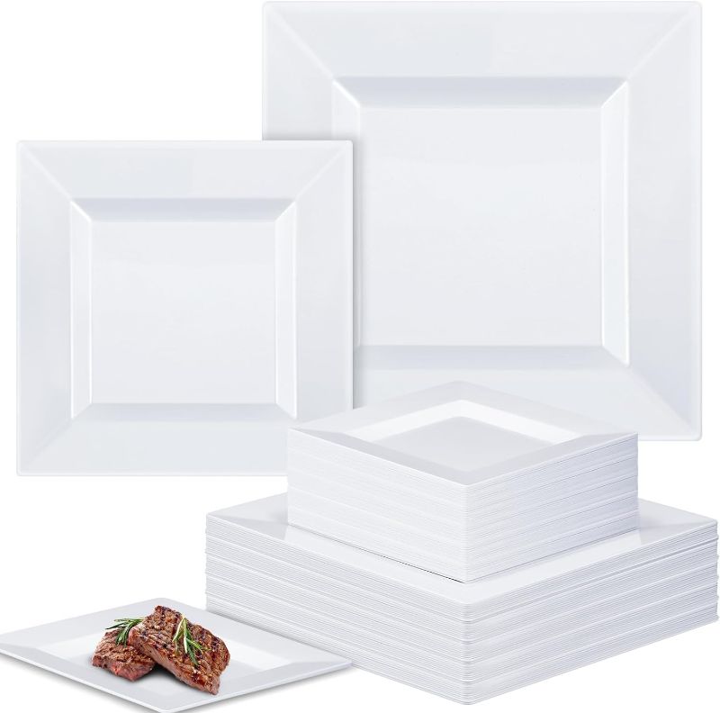 Photo 1 of 200 Pack Wedding Plastic Plates Disposable Square Plates Include 100 Pcs 9.5" Dinner Plates and 100 Pcs 6.5" Dessert Plates for Wedding Birthdays Holidays Party(White)