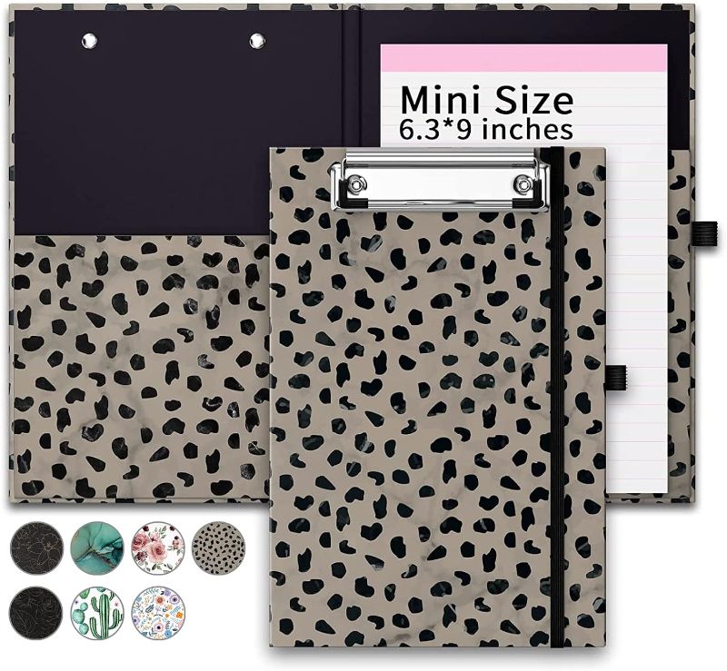 Photo 1 of PULAIXIN Mini Clipboards Folio Folder with Refillable Lined Notepad(A5 Size 6" x 9"),Small Nursing Clipboard Foldable with Storage Pocket and Pen Holder for Kids for Classroom Office(Cheetah Spot) A5 Cheetah Spots