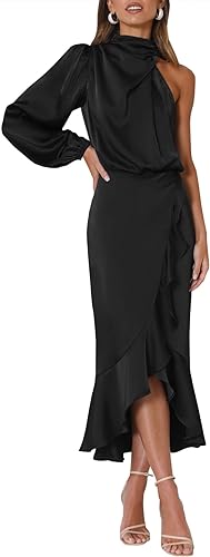 Photo 1 of MITILLY Women's Satin Formal One-Shoulder Mock Neck Long Sleeve Bodycon Wrap Mermaid Hem Cocktail Party Maxi Dress New Medium Black ***USED*** 