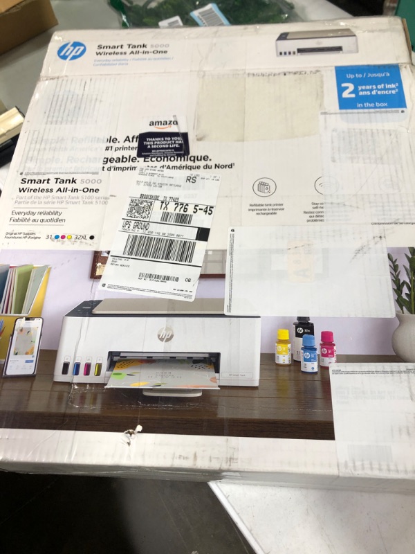 Photo 2 of **Printhead leaking** **FOR PARTS**HP Smart Tank 5000 Wireless All-in-One Ink Tank Printer with up to 2 years of ink included, mobile print, scan, copy, white, 17.11 x 14.23 x 6.19****MISSING INK****