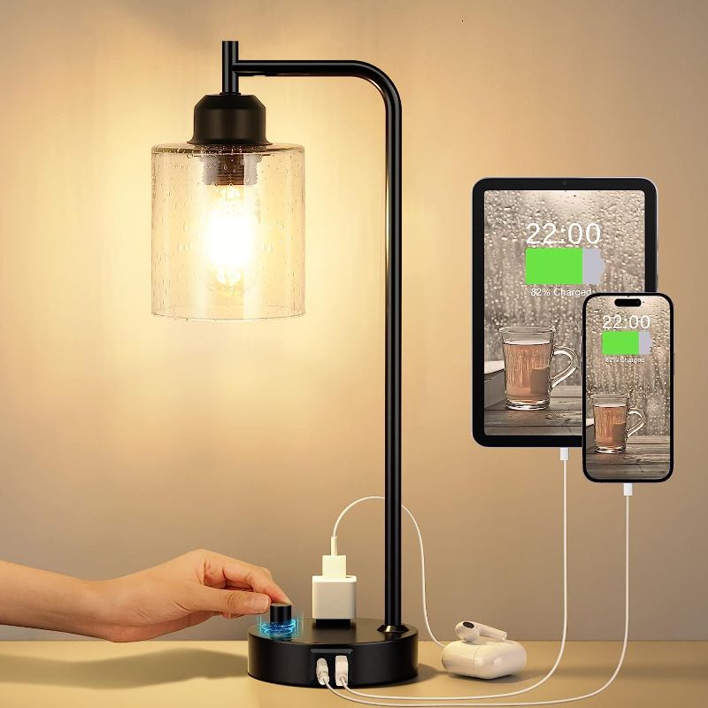 Photo 1 of 
Industrial Bedside Table Lamp for Bedroom - Nightstand Lamps with USB C Charging Port, Fully Dimmable Black Ports and Outlets, Small Desk Glass Shade Office...
Color:Clear Seeded