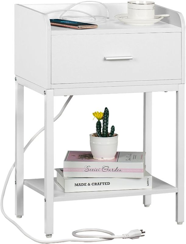 Photo 1 of  White Nightstand with Charging Station, Small Bedside Tables with USB Ports and Power Outlets, Modern End Table with Drawer, Night Stand for Bedrooms, Offices, Small Spaces