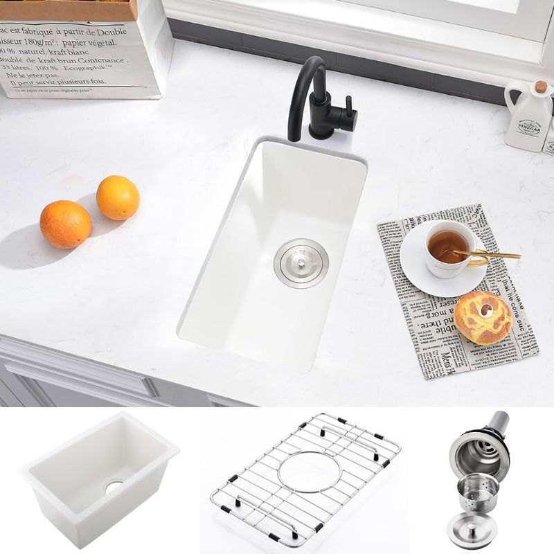 Photo 1 of 12 Inch White Bar Sink Undermount-VASOYO 12x16 Inch Undermount Bar Sink Small Wet Bar Prep Rv Sink Bar & Prep Sinks White Quartz Sink Single Bowl Kitchen & Bar Sinks with Bottom Grid